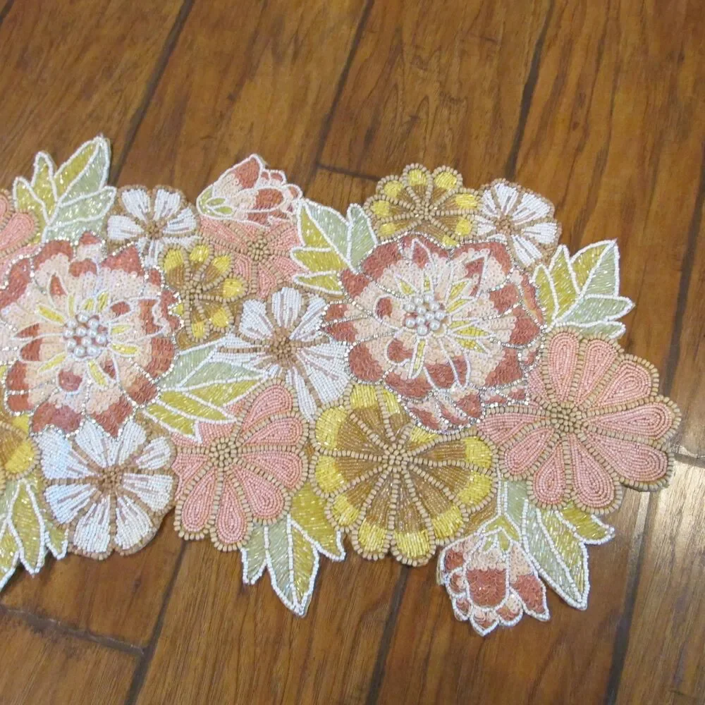 PIER 1 Floral Beaded Table Runner 15 in x 36 in Pink Yellow Peach Mums Daisies